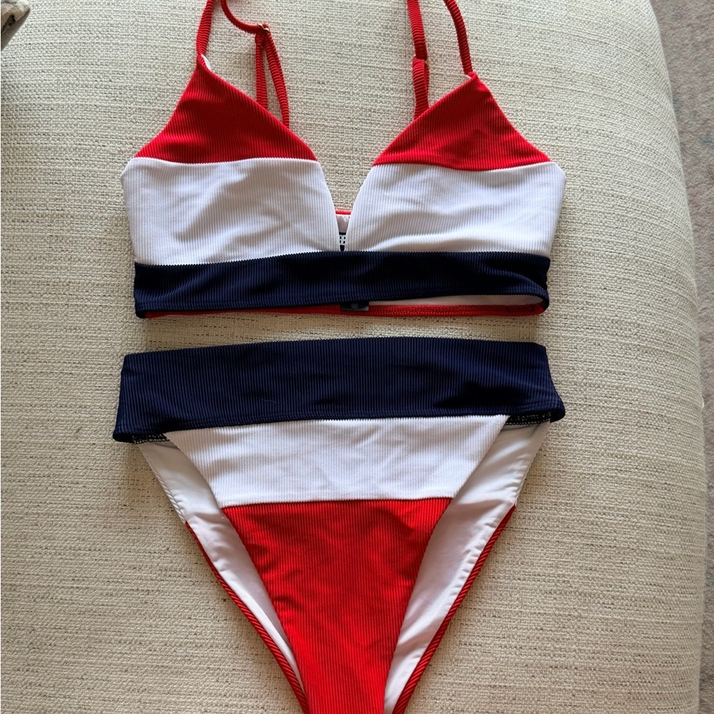 NWOT- Beach Riot Red White Navy Ribbed Triangle Bikini Set